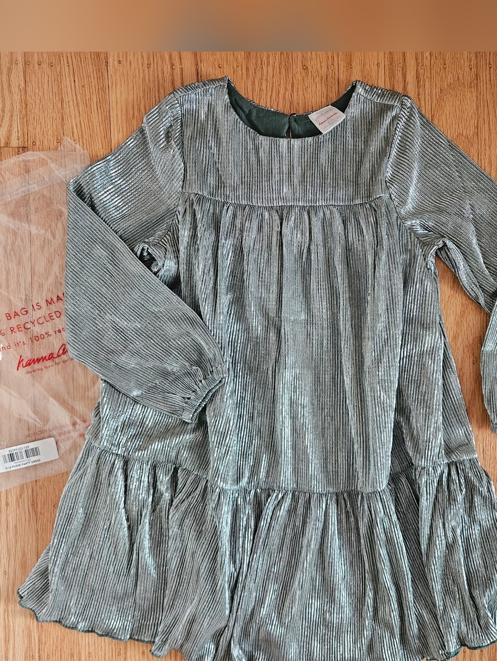 NWT Hanna Andersson Metallic Silver/Green Tiered Dress 6-7Y